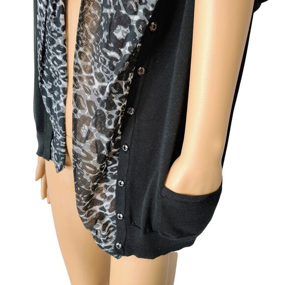 Tahari 100% Cotton Black Leopard Trim Button Front Cardigan Size Medium Petite - Picture 7 of 9